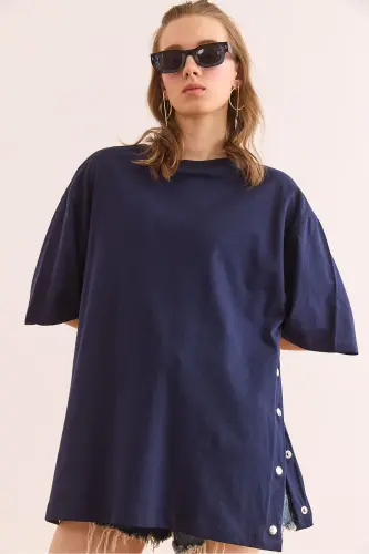 Women's Navy Blue Button Detail Cotton T-Shirt TSH-19 - 5