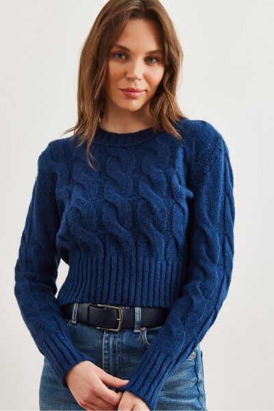 Women's Navy Blue Chunky Cable Knit Sweater WSW-19000939 - 4
