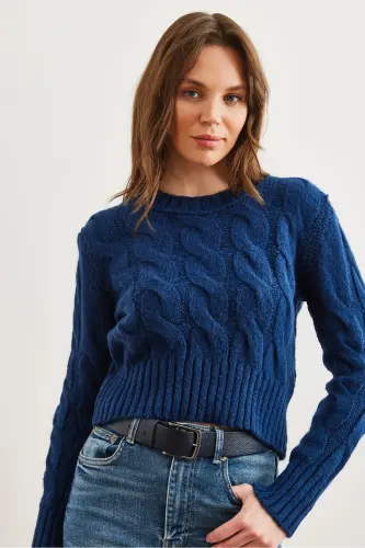 Women's Navy Blue Chunky Cable Knit Sweater WSW-19000939 - 5