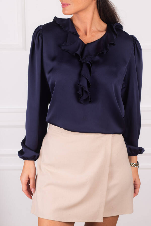 Women's Navy Blue Collar Ruffled Shoulder Gather Sleeve Elastic Cotton Satin Blouse Arm-22k001059 - 1