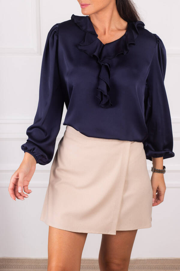 Women's Navy Blue Collar Ruffled Shoulder Gather Sleeve Elastic Cotton Satin Blouse Arm-22k001059 - 3