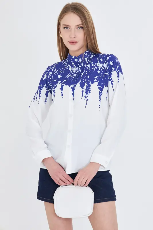 Women's Navy Blue Collared Patterned Shirt ARM-25Y00 - 4