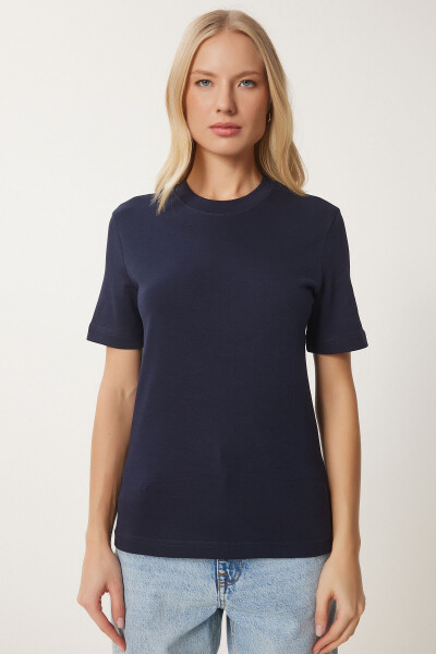 Women's Navy Blue Cotton Basic Knitted T-Shirt AG00001- - 2