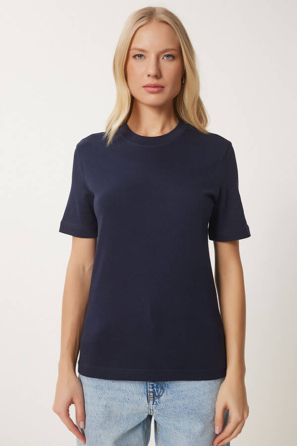 Women's Navy Blue Cotton Basic Knitted T-Shirt AG00001- - 2