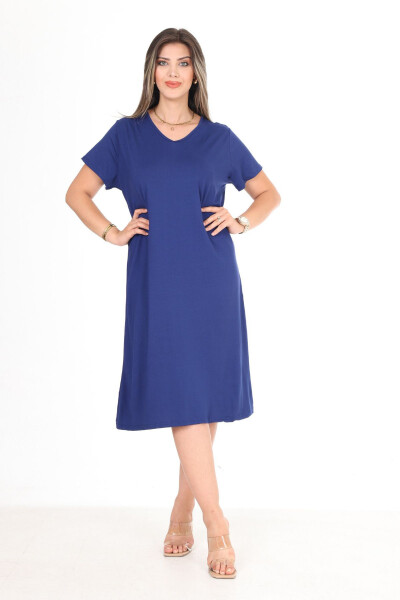 Women's Navy Blue Cotton Large Size Dress - ECEYAMAN MODA