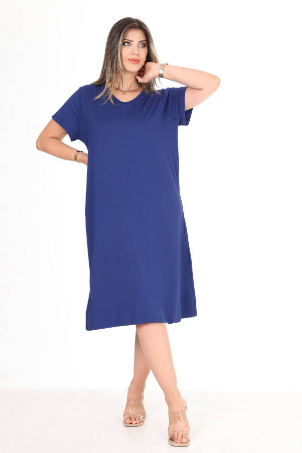 Women's Navy Blue Cotton Large Size Dress - 2
