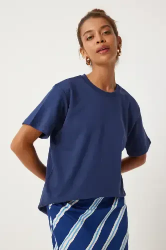 Women's Navy Blue Crew Neck 100% Cotton Jersey T-Shirt FN03265-Navy Blue - 1