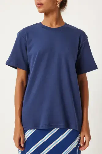 Women's Navy Blue Crew Neck 100% Cotton Jersey T-Shirt FN03265-Navy Blue - 3