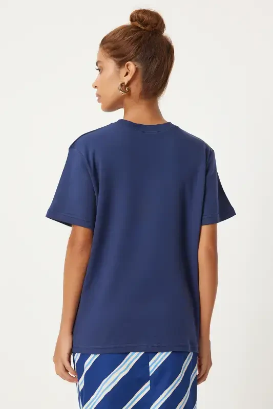 Women's Navy Blue Crew Neck 100% Cotton Jersey T-Shirt FN03265-Navy Blue - 5