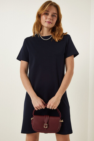 Women's Navy Blue Crew Neck Casual Jersey Dress O - 3