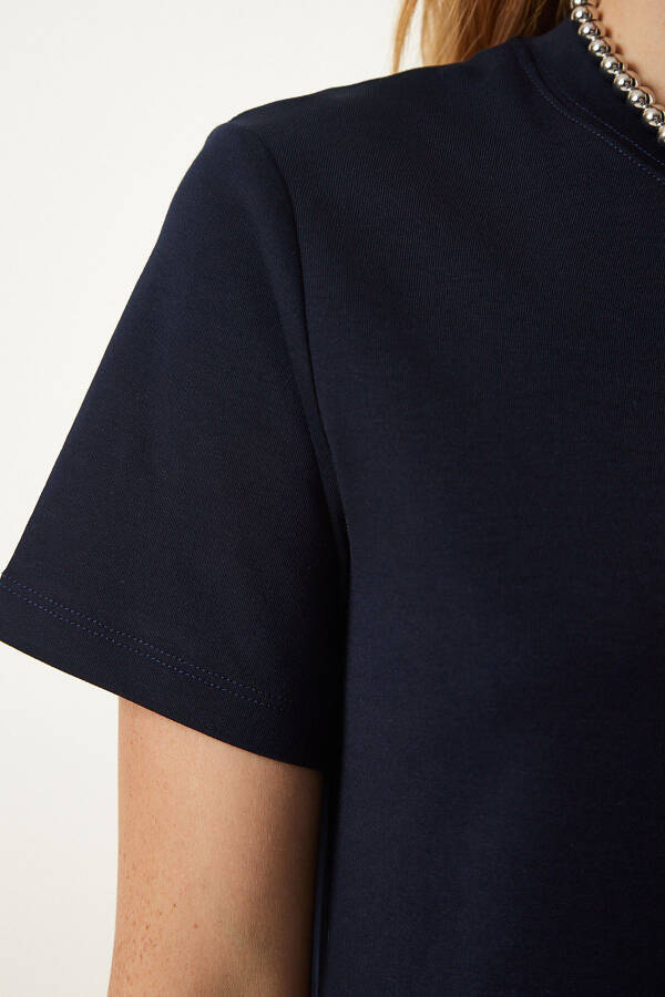 Women's Navy Blue Crew Neck Casual Jersey Dress O - 4