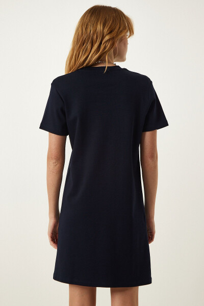 Women's Navy Blue Crew Neck Casual Jersey Dress O - 5