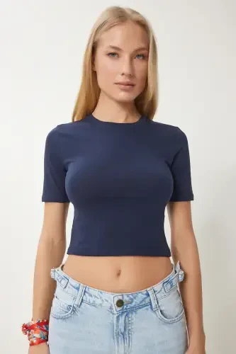 Women's Navy Blue Crew Neck Crop T-Shirt UB00064-Navy Blue - 2