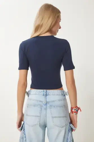 Women's Navy Blue Crew Neck Crop T-Shirt UB00064-Navy Blue - 5