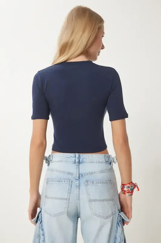 Women's Navy Blue Crew Neck Crop T-Shirt UB00064-Navy Blue - 5