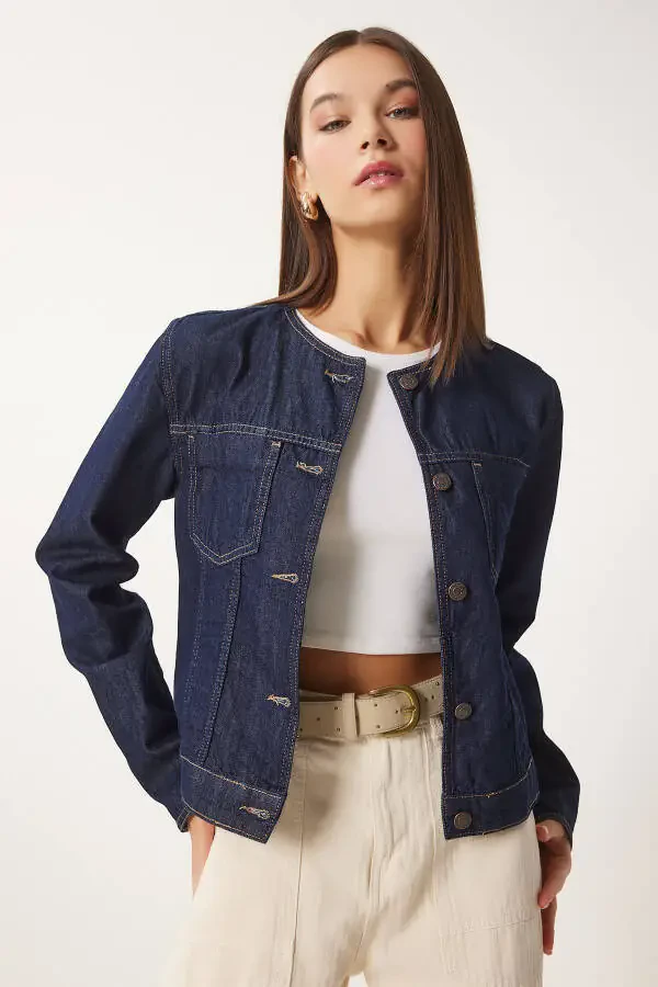 Women's Navy Blue Crew Neck Denim Jacket FN03417 - 1
