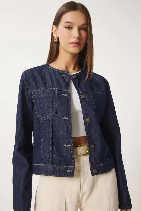 Women's Navy Blue Crew Neck Denim Jacket FN03417 - 2