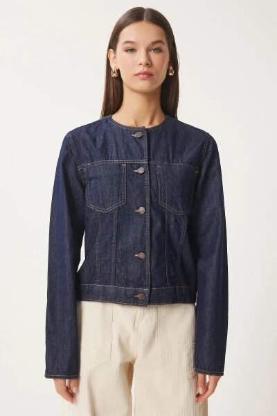 Women's Navy Blue Crew Neck Denim Jacket FN03417 - 4