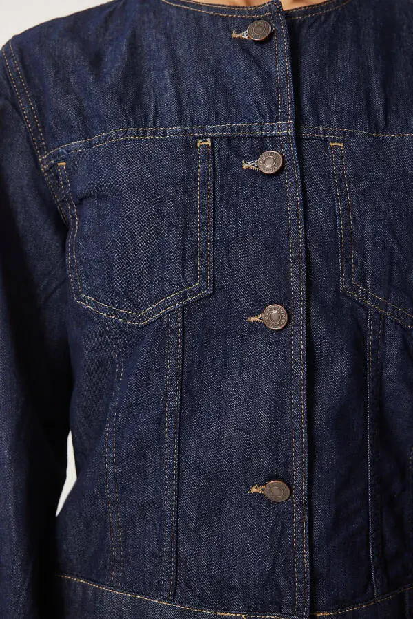 Women's Navy Blue Crew Neck Denim Jacket FN03417 - 5