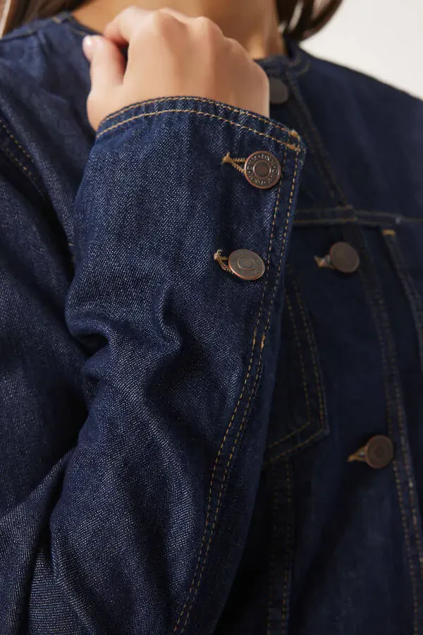 Women's Navy Blue Crew Neck Denim Jacket FN03417 - 6