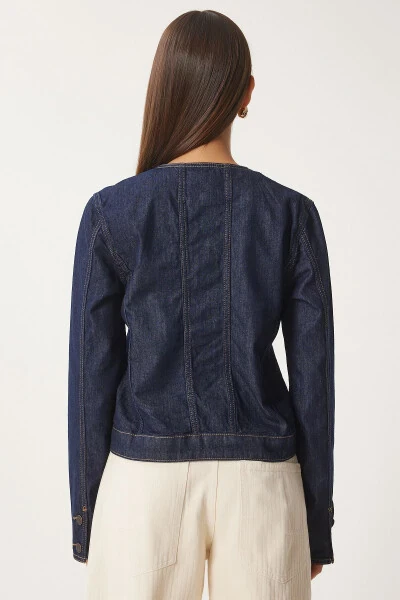 Women's Navy Blue Crew Neck Denim Jacket FN03417 - 7