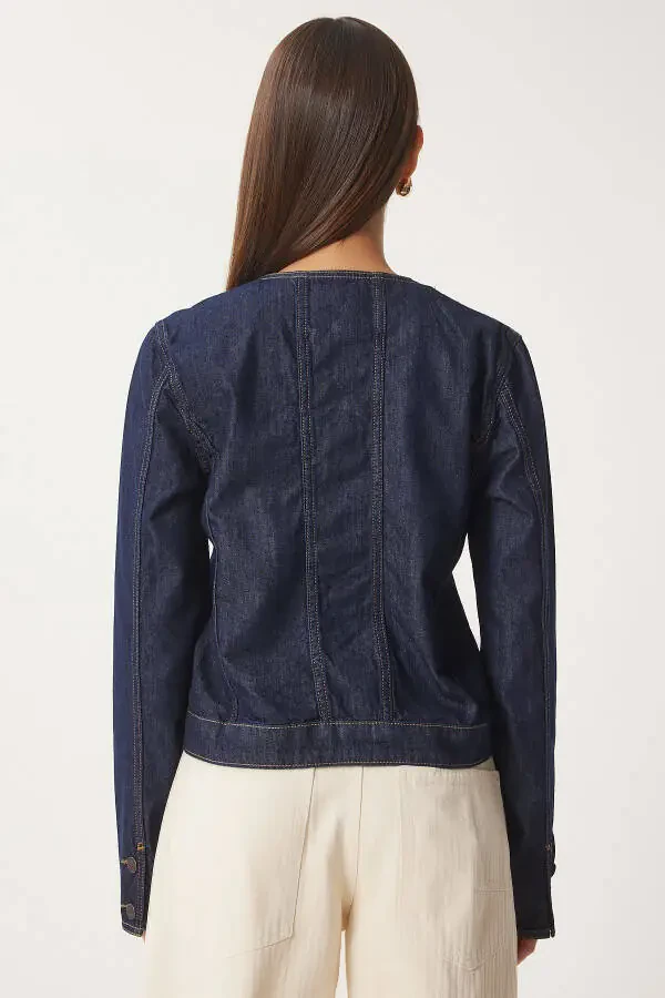 Women's Navy Blue Crew Neck Denim Jacket FN03417 - 7