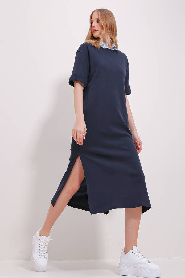 Women's Navy Blue Crew Neck Double Sleeve Slit Dress ALC-X11485 - 1