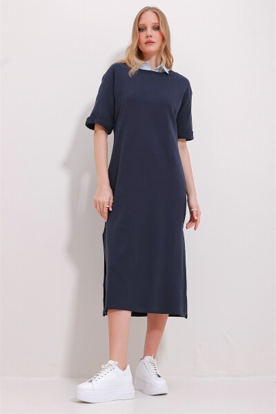 Women's Navy Blue Crew Neck Double Sleeve Slit Dress ALC-X11485 - TREND ALAÇATI STILI (1)
