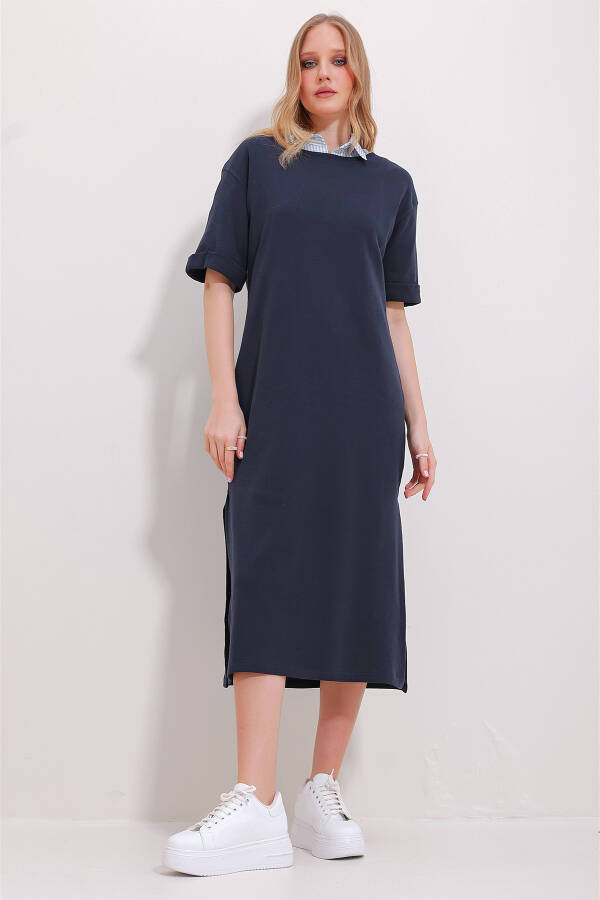 Women's Navy Blue Crew Neck Double Sleeve Slit Dress ALC-X11485 - 2