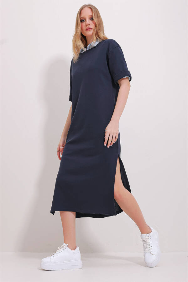 Women's Navy Blue Crew Neck Double Sleeve Slit Dress ALC-X11485 - 3