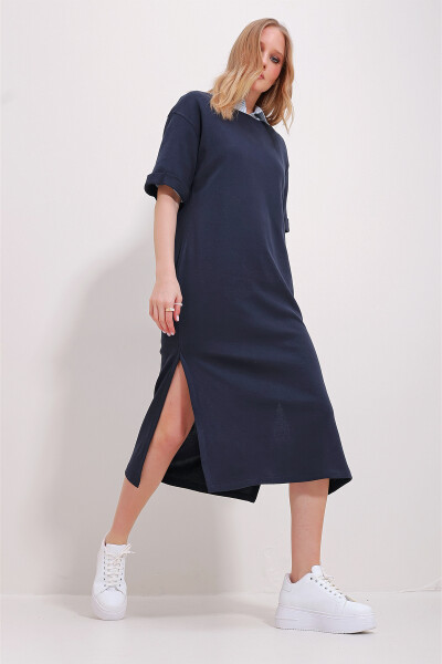 Women's Navy Blue Crew Neck Double Sleeve Slit Dress ALC-X11485 - 4