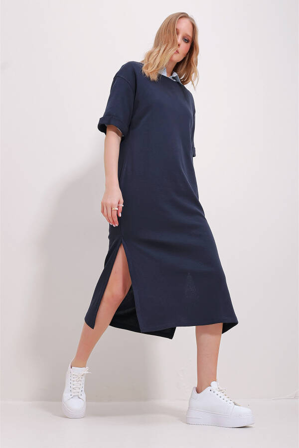 Women's Navy Blue Crew Neck Double Sleeve Slit Dress ALC-X11485 - 4