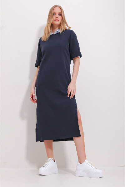 Women's Navy Blue Crew Neck Double Sleeve Slit Dress ALC-X11485 - 5
