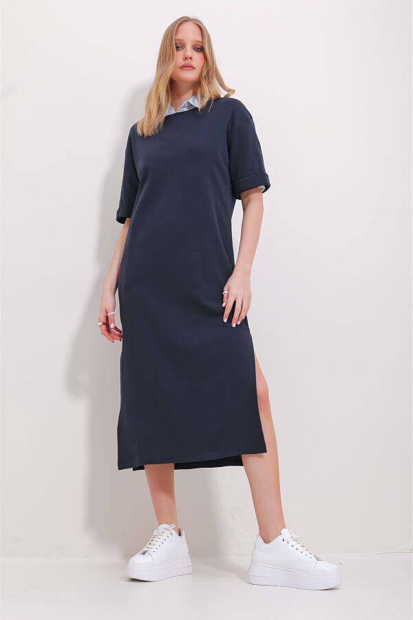 Women's Navy Blue Crew Neck Double Sleeve Slit Dress ALC-X11485 - 5