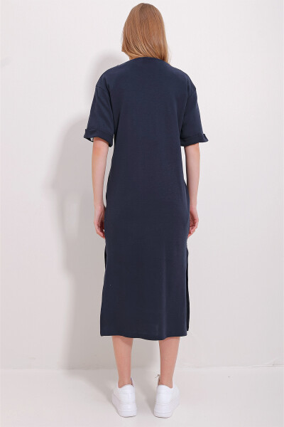 Women's Navy Blue Crew Neck Double Sleeve Slit Dress ALC-X11485 - 6