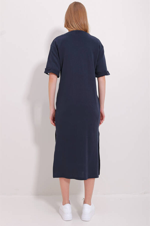 Women's Navy Blue Crew Neck Double Sleeve Slit Dress ALC-X11485 - 6