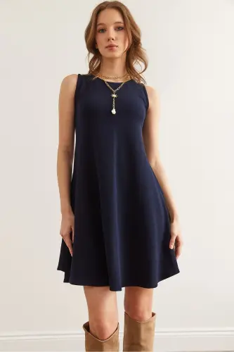 Women's Navy Blue Crew Neck Flared Knitted Crepe Dress 