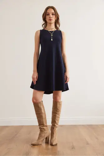 Women's Navy Blue Crew Neck Flared Knitted Crepe Dress - OLALOOK (1)