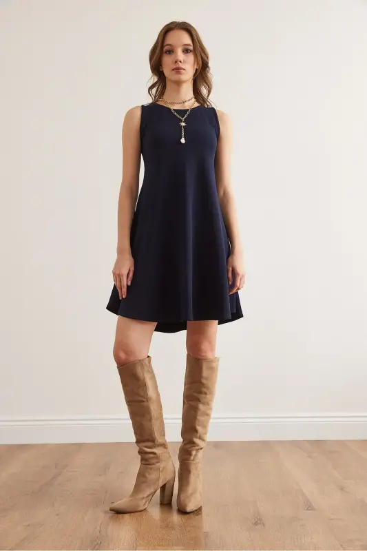 Women's Navy Blue Crew Neck Flared Knitted Crepe Dress - 2