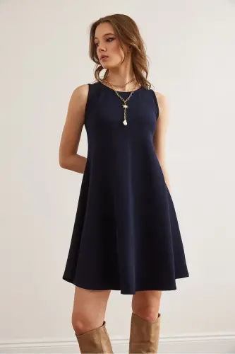 Women's Navy Blue Crew Neck Flared Knitted Crepe Dress - 3