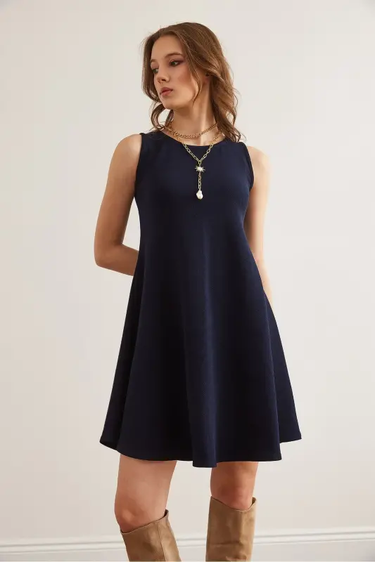 Women's Navy Blue Crew Neck Flared Knitted Crepe Dress - 3