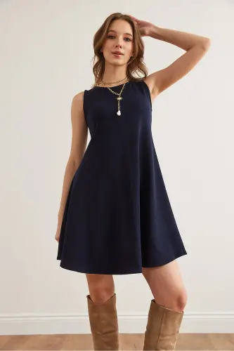 Women's Navy Blue Crew Neck Flared Knitted Crepe Dress - 4