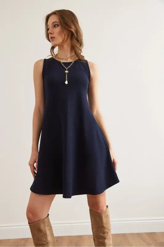 Women's Navy Blue Crew Neck Flared Knitted Crepe Dress - 5