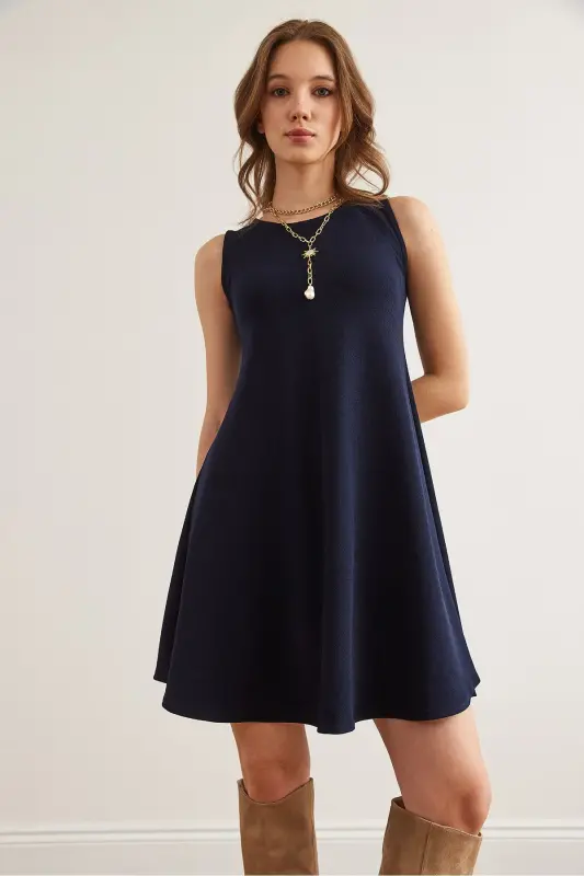 Women's Navy Blue Crew Neck Flared Knitted Crepe Dress - 6