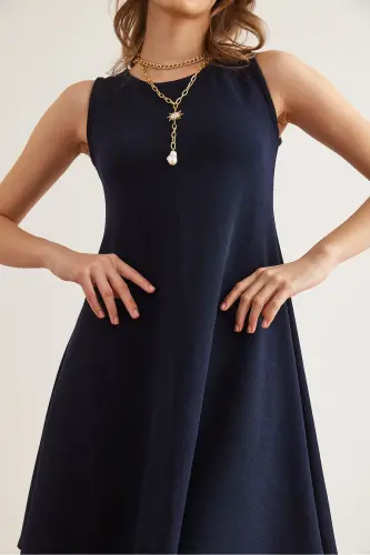 Women's Navy Blue Crew Neck Flared Knitted Crepe Dress - 7