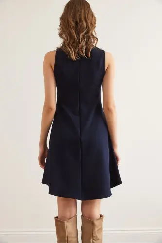 Women's Navy Blue Crew Neck Flared Knitted Crepe Dress - 8