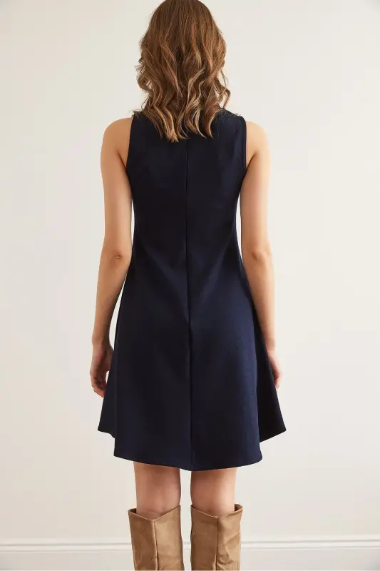 Women's Navy Blue Crew Neck Flared Knitted Crepe Dress - 8
