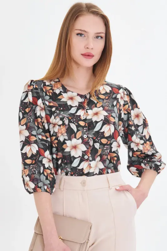 Women's Navy Blue Crew Neck Quarter Sleeve Patterned Shirt ARM-25Y001021-Navy - 7