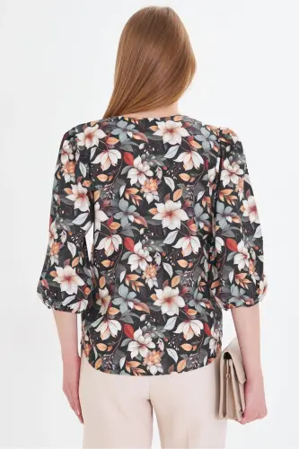 Women's Navy Blue Crew Neck Quarter Sleeve Patterned Shirt ARM-25Y001021-Navy - 11