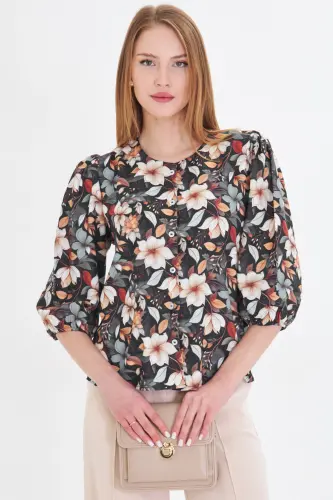 Women's Navy Blue Crew Neck Quarter Sleeve Patterned Shirt ARM-25Y001021-Navy - 4